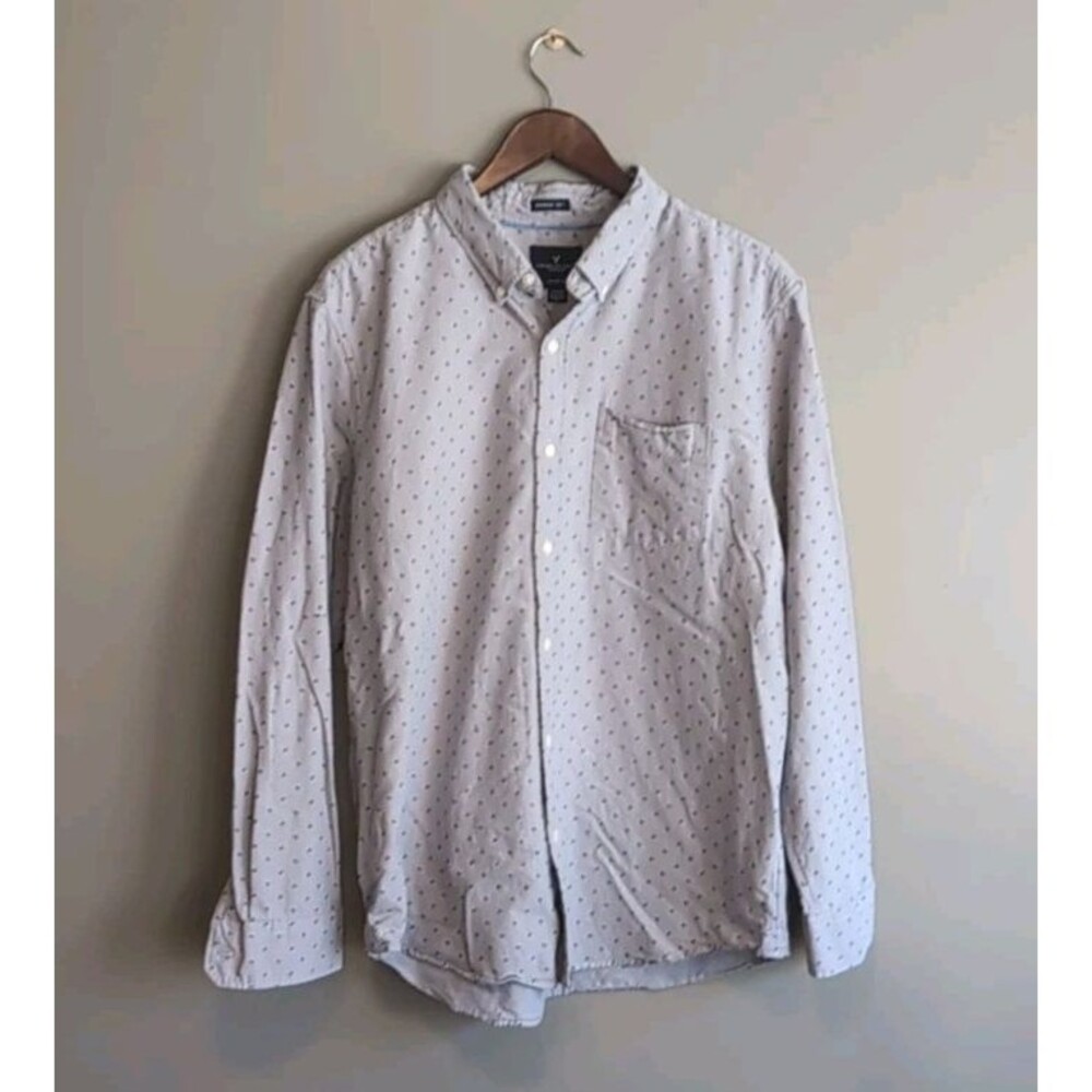 American Eagle Mens XL Long Sleeve Button Down Shirt Floral Micro Print Gray AE